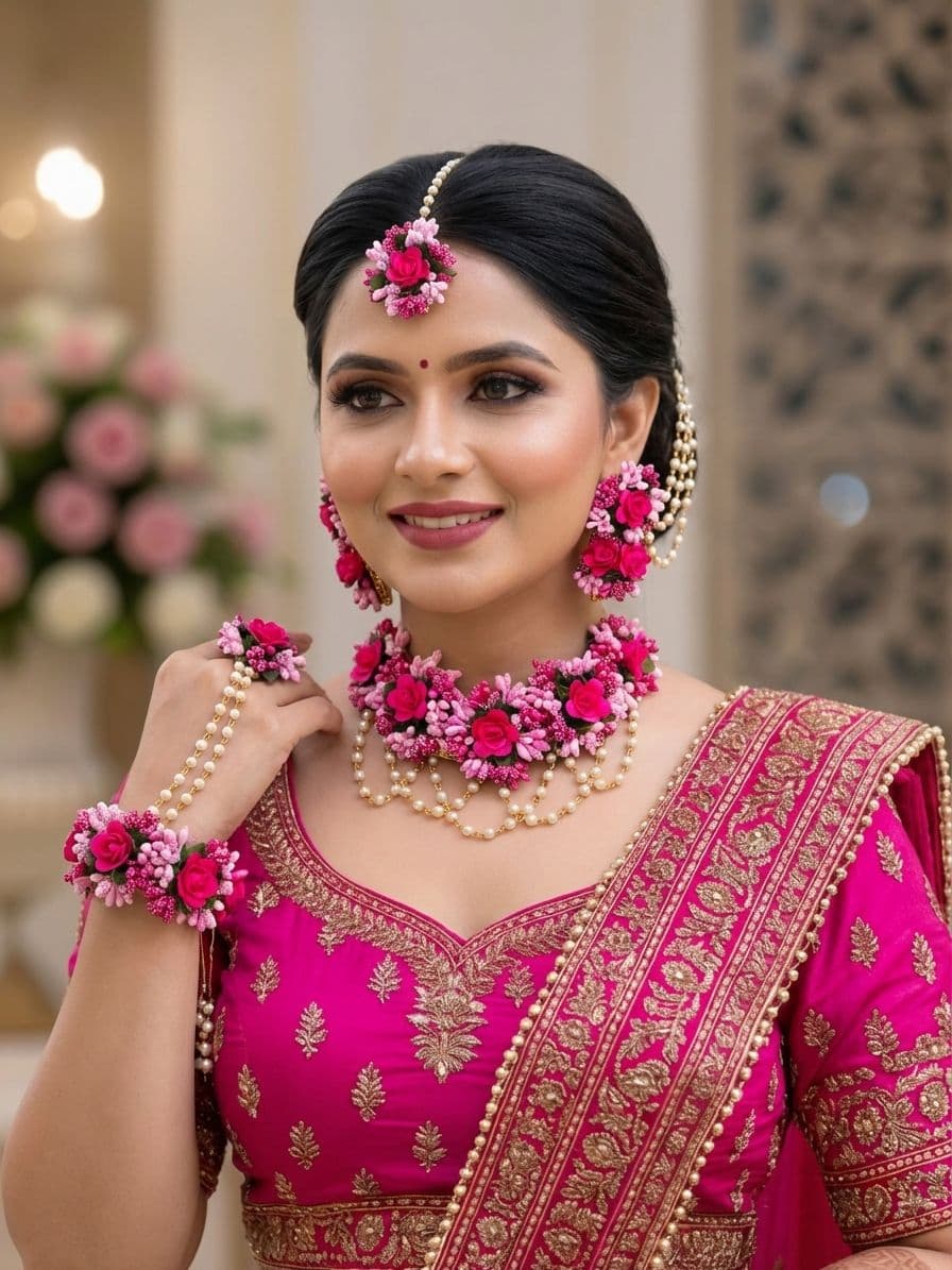 Pink Flower Bridal Haldi-Mehndi-Baby Shower Jewellery Set for Women