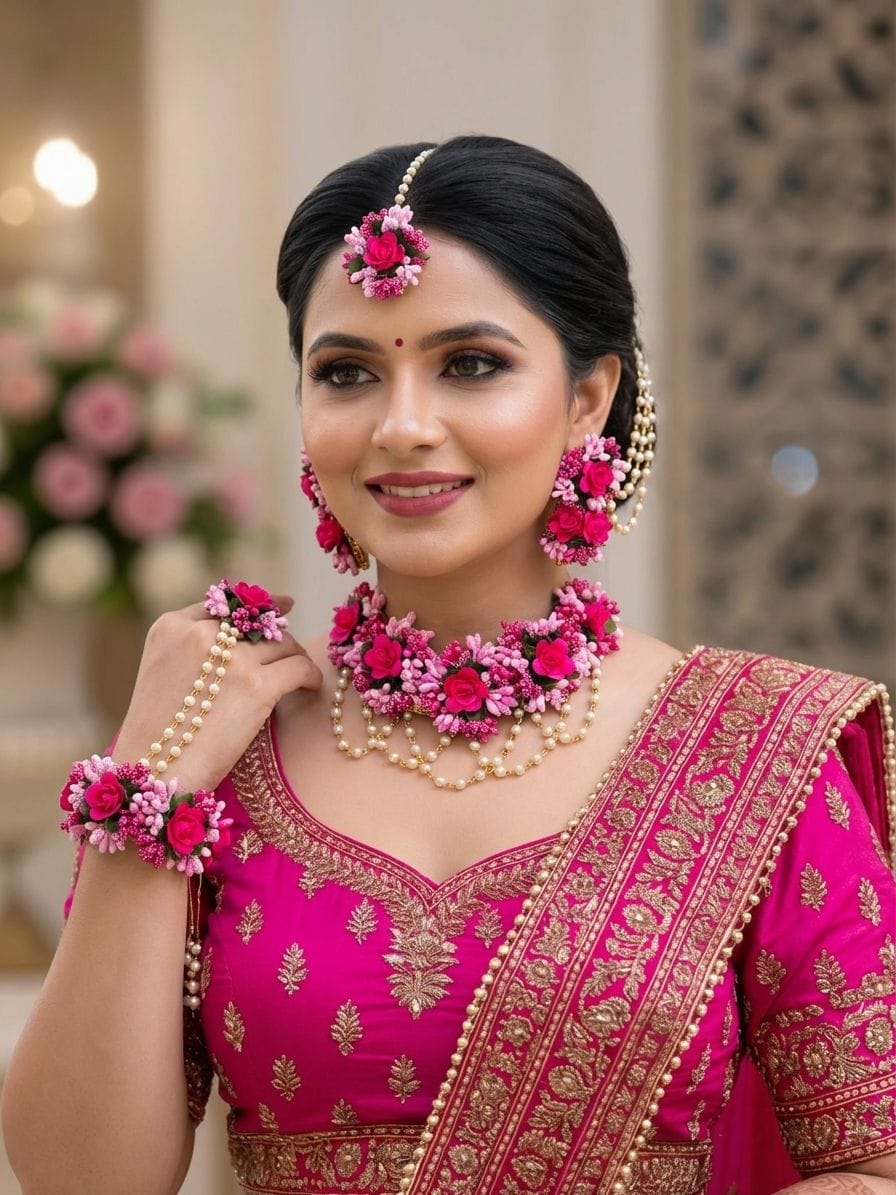 Pink Flower Bridal Haldi-Mehndi-Baby Shower Jewellery Set for Women