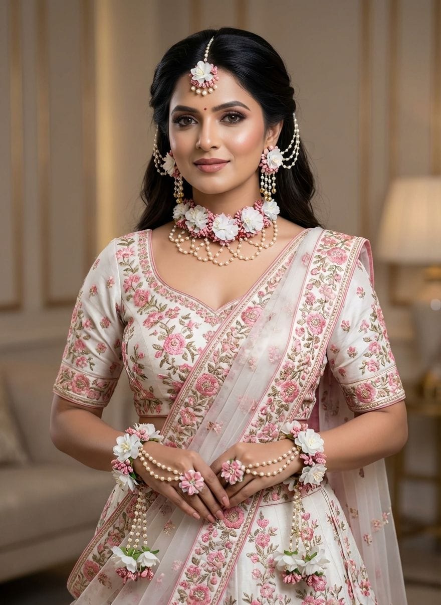 Peach-White Floral Jewelry for Haldi-Mehndi Baby Shower