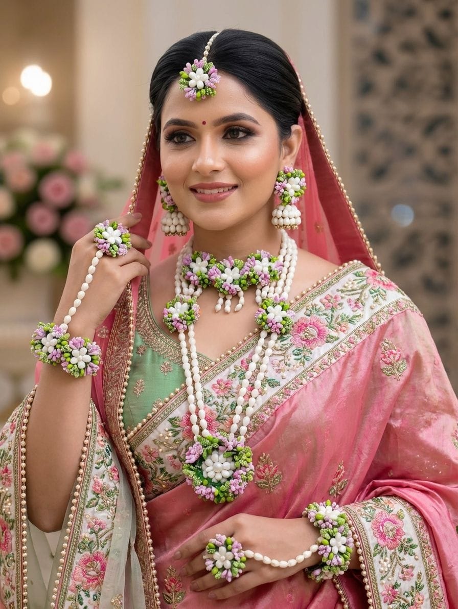 Artisanal Green Flower Bridal Haldi Jewellery Set for Women