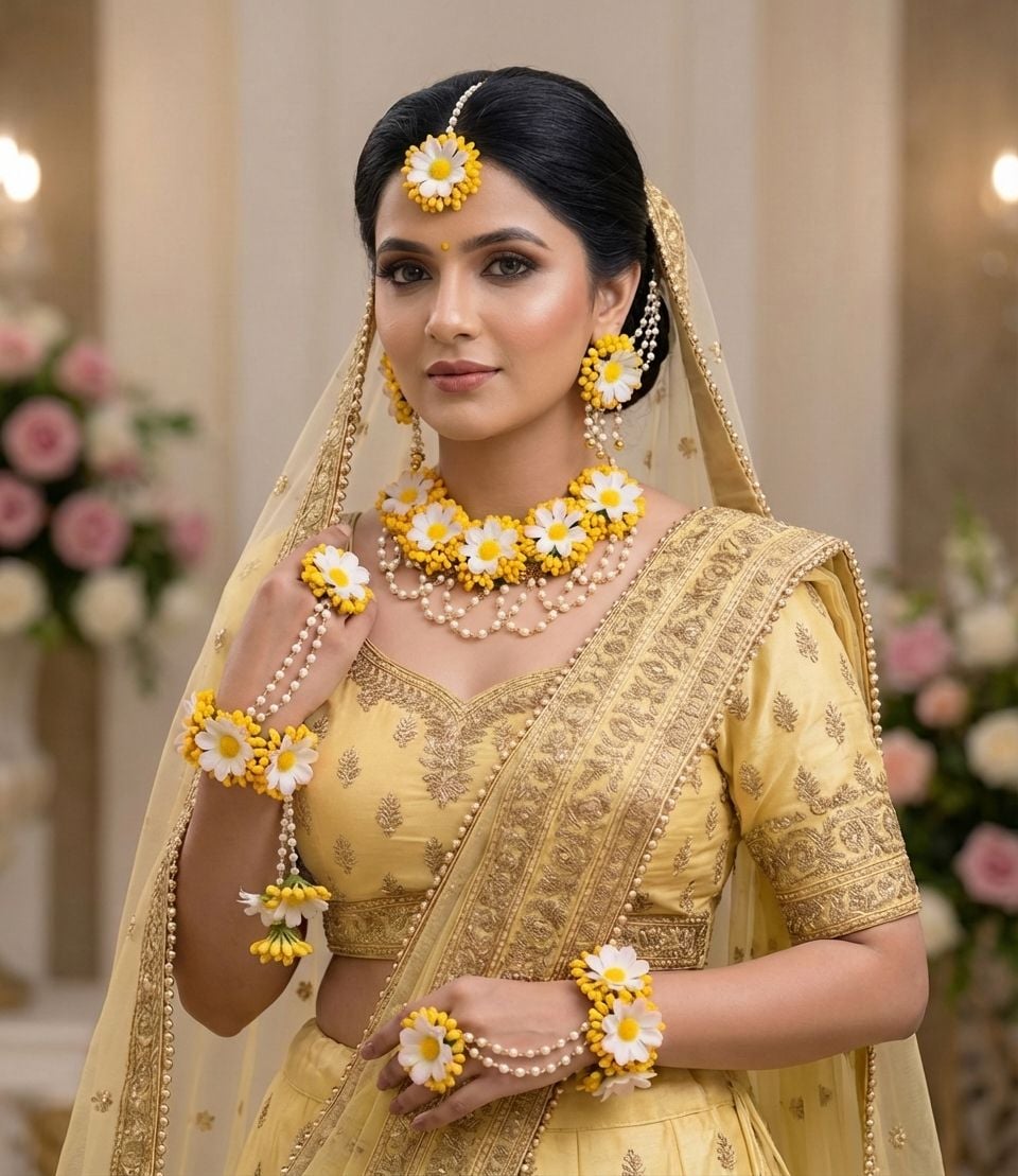Glowing Haldi Blossom: Handcrafted Yellow-White Pearl Bridal Jewelry