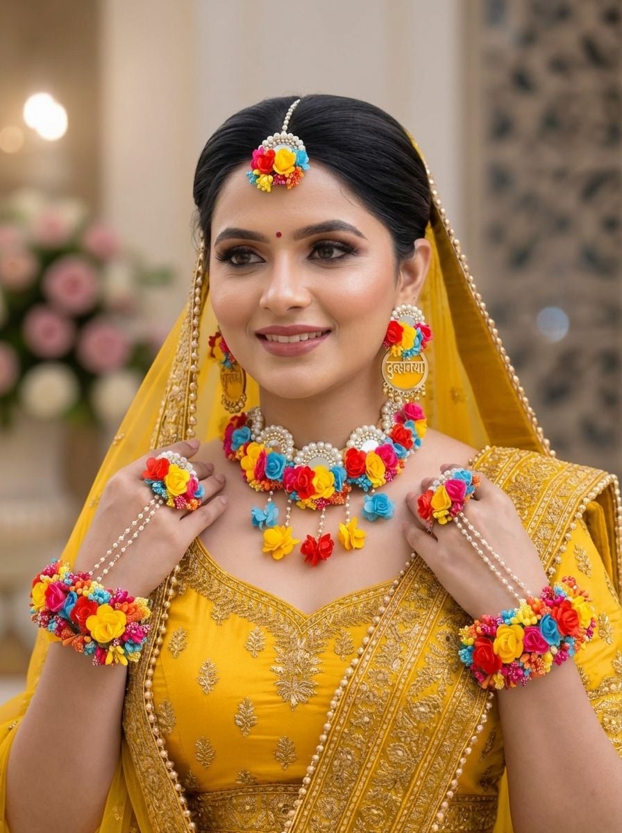 Multicolored Mirror Floral Jewellery for Haldi Mehndi