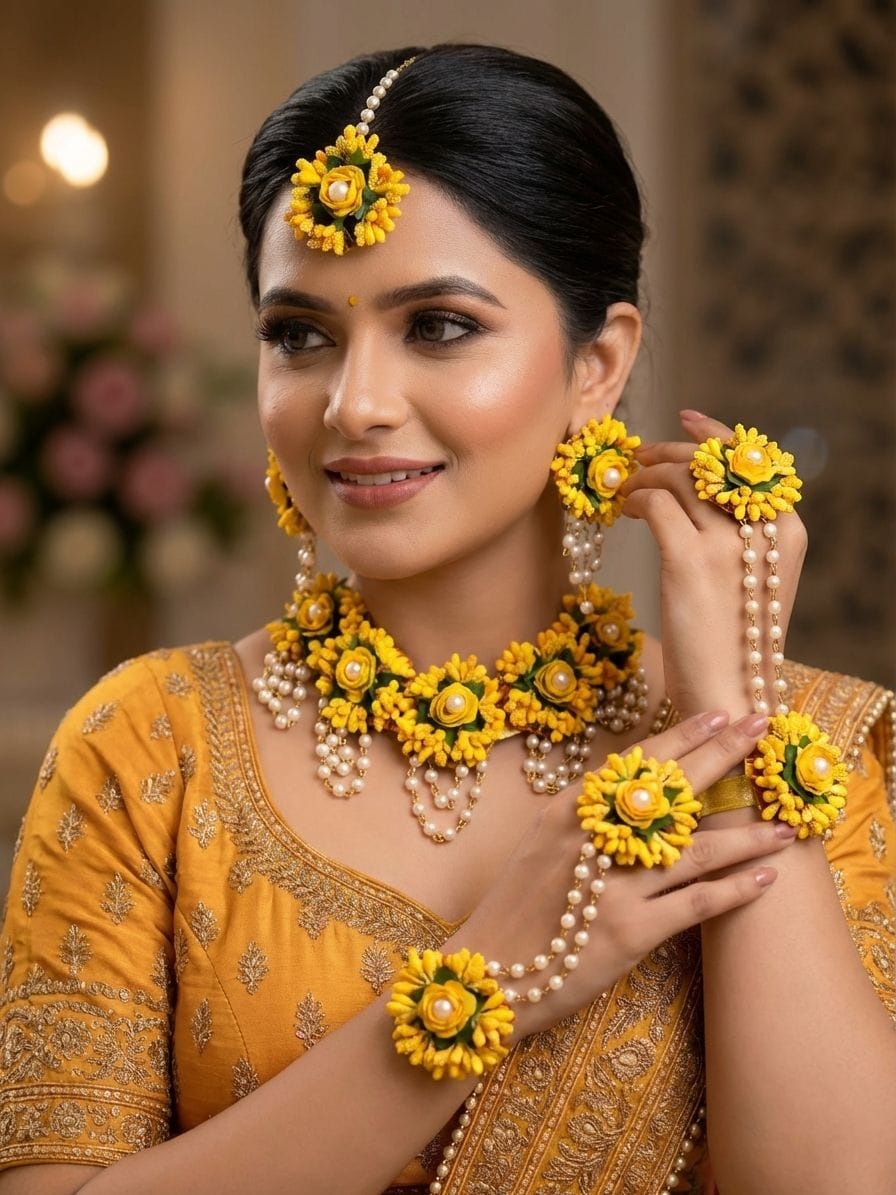 Yellow Floral Haldi Jewellery Set for Women with Tikka, Earrings & Hathphool