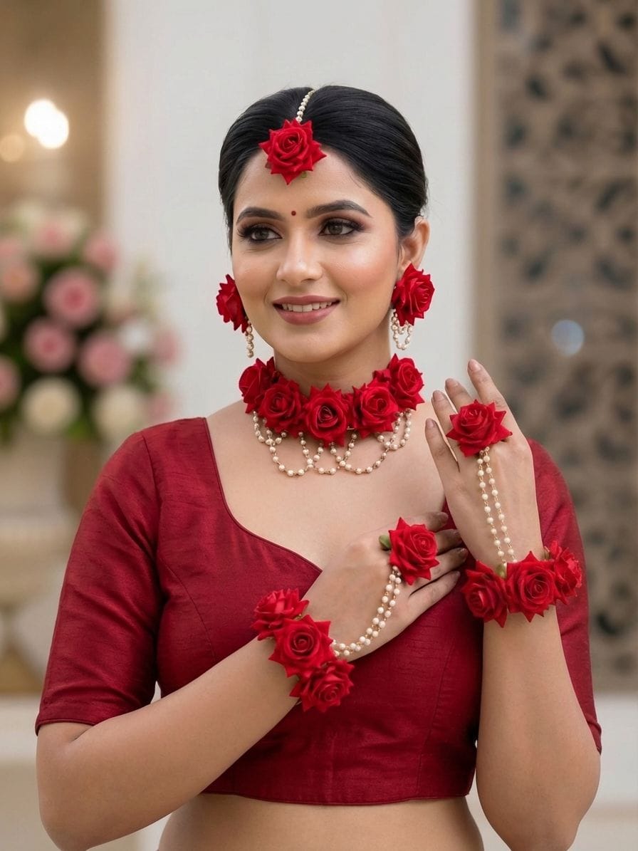 Floral Majesty - Red Rose Bridal Jewellery Set for Haldi Ceremony