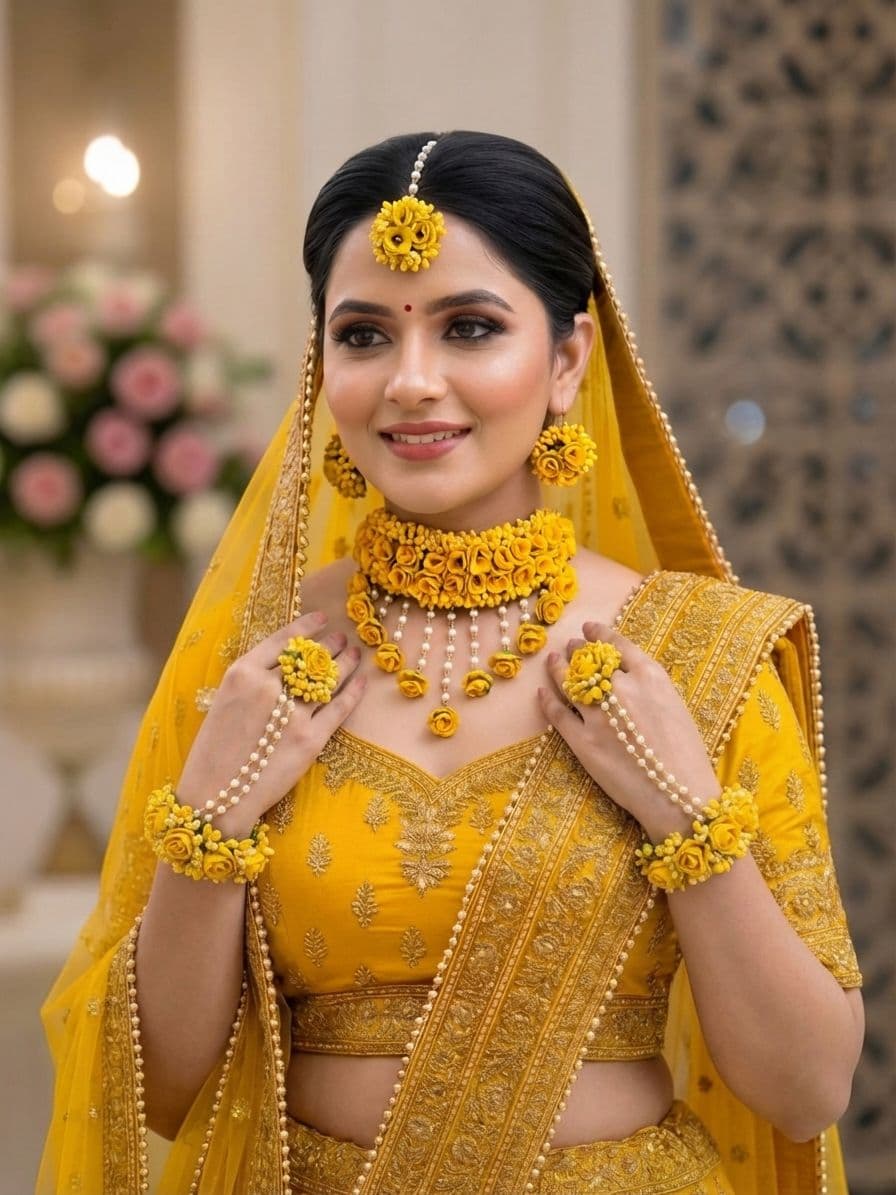 Blooming Yellow Floral Handicraft Jewellery Set for Haldi Celebrations