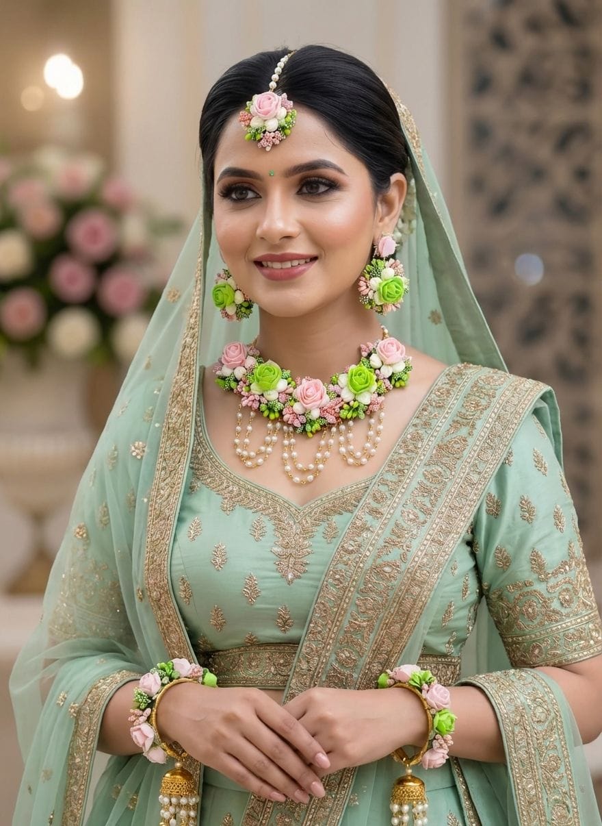 Pink and Green Floral Haldi Jewellery Set for Women with Tikka and Earrings
