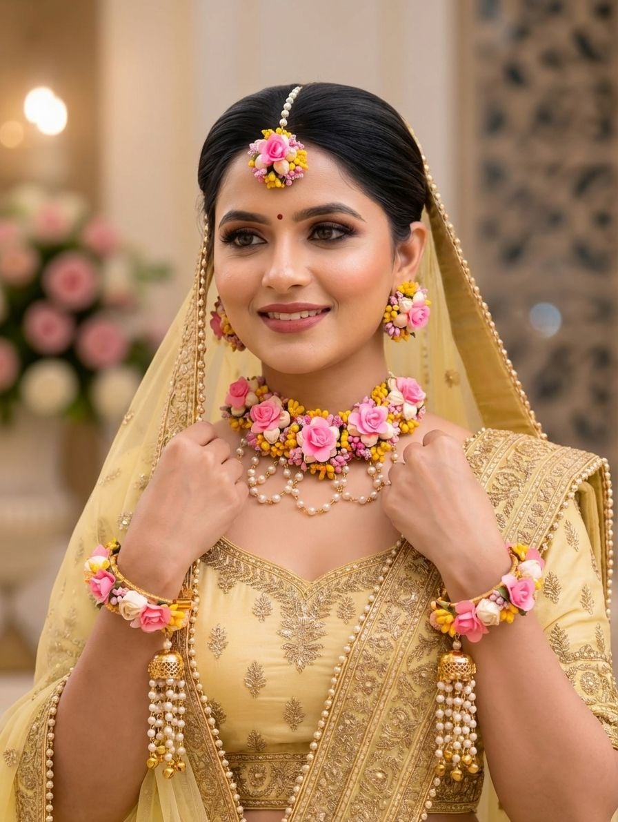 Floral Pearl Haldi Bridal Jewellery Set for Women & Girls in Light Pink