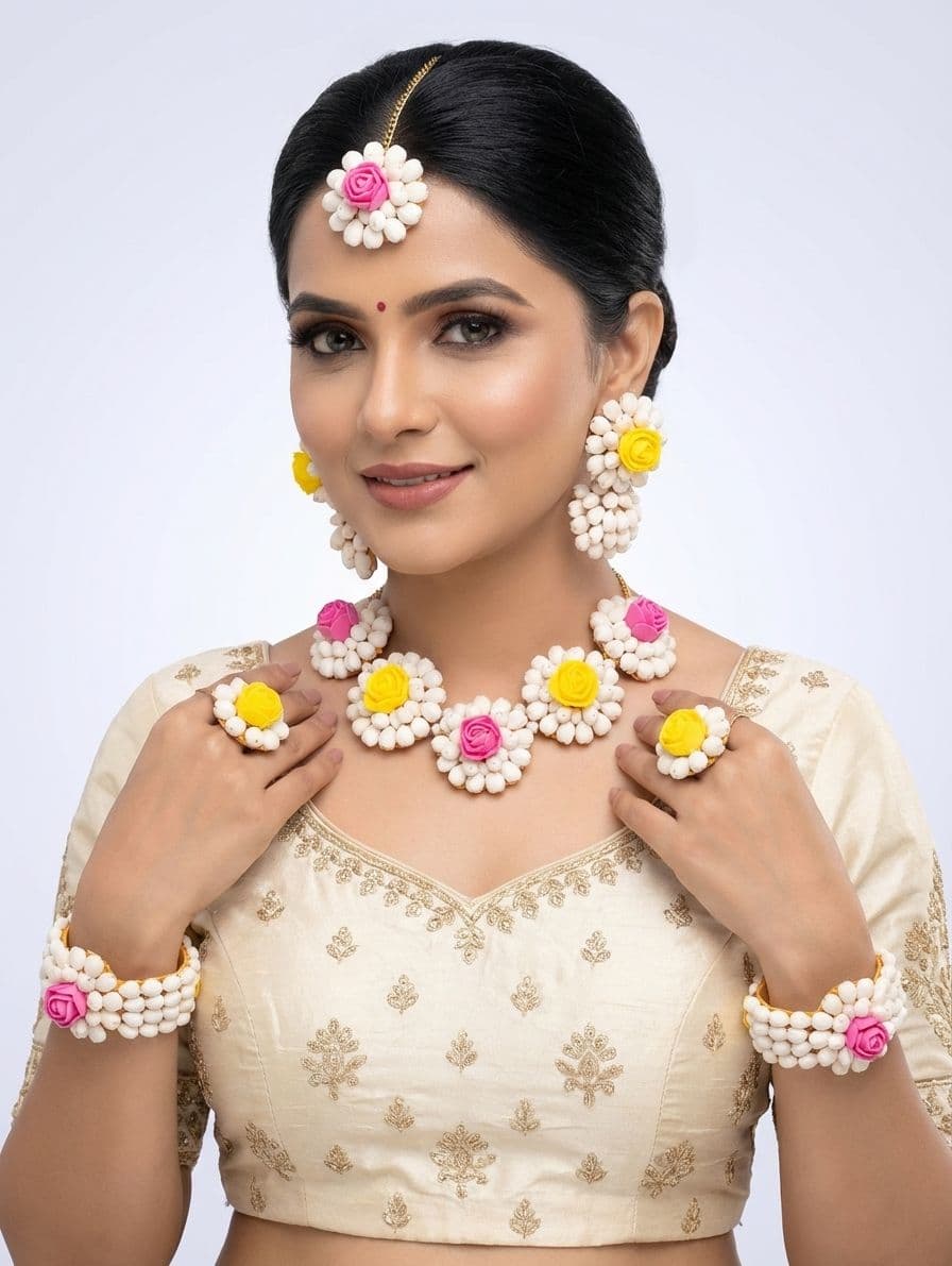 Pink-Yellow Dried Mogra Flower Jewelry for Haldi, Mehndi