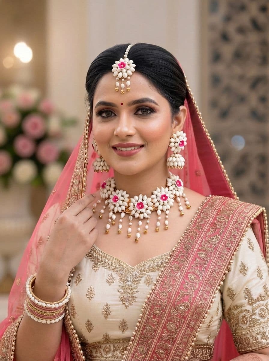 White Floral Haldi Jewellery Set for Women with Pink Tikka and Earrings