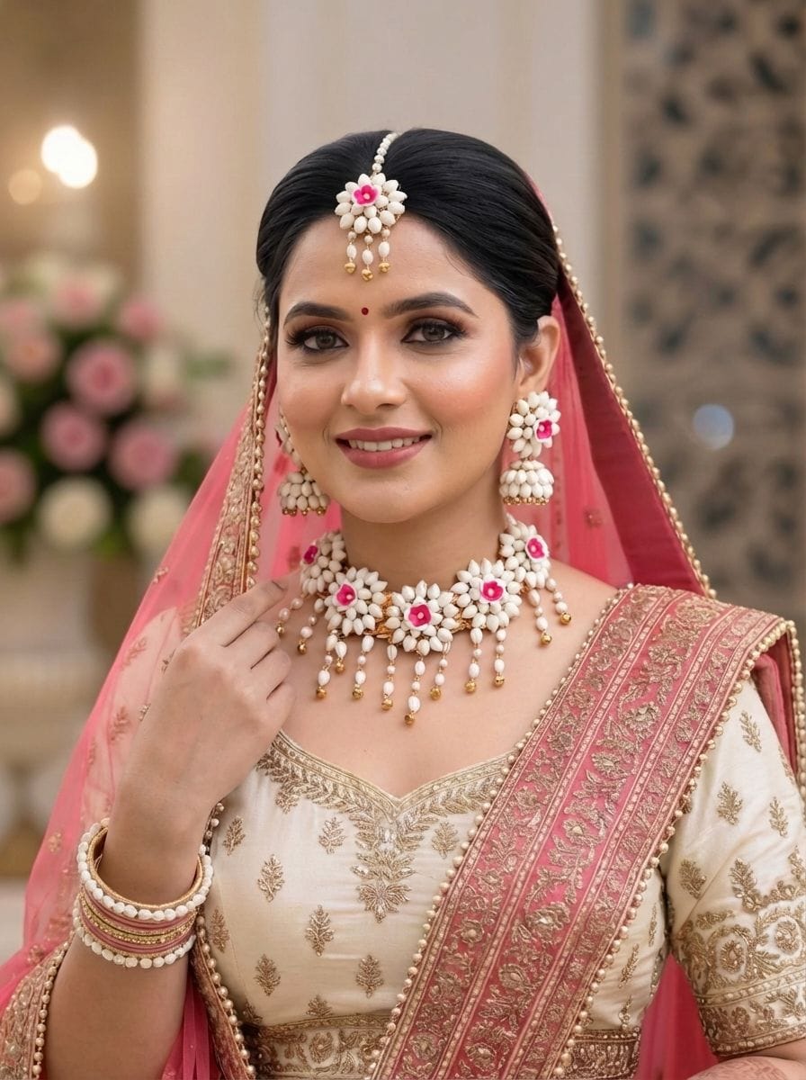 White Floral Haldi Jewellery Set for Women with Pink Tikka and Earrings