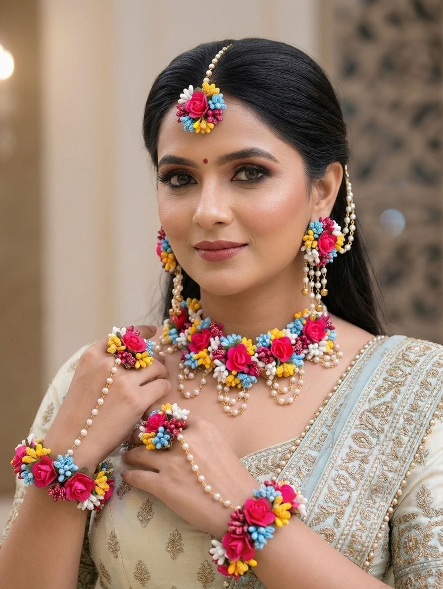 Pink Blue Multicolour Floral Haldi Jewellery Set for Women with Hathphool