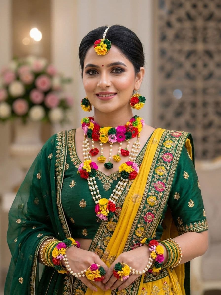 Dulhaniya's Multicolored Floral Haldi-Mehndi Jewelry Set