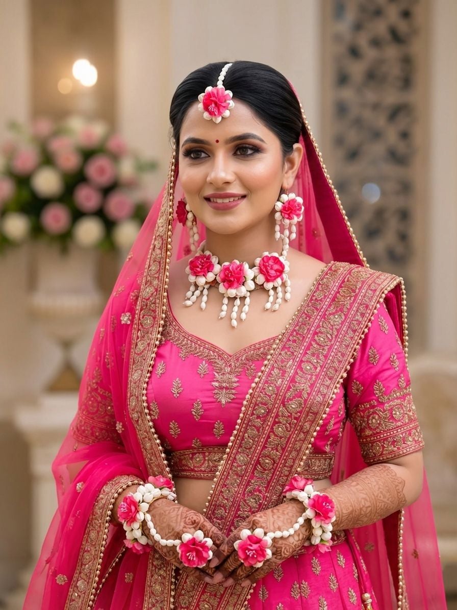 Pink Floral Haldi Jewellery Set for Women with Earrings, Tikka and Hathphool