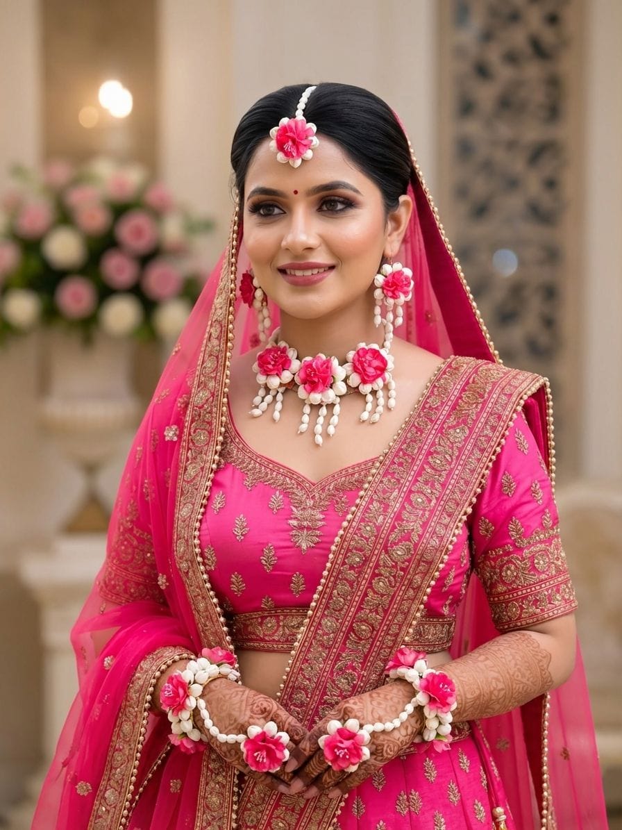 Pink Floral Haldi Jewellery Set for Women with Earrings, Tikka and Hathphool