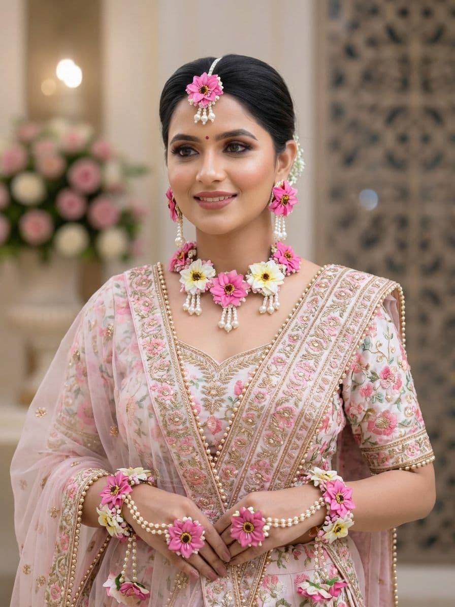 Pink-White Artifiial Floral Haldi-Mehndi Bridal Jewellery Set