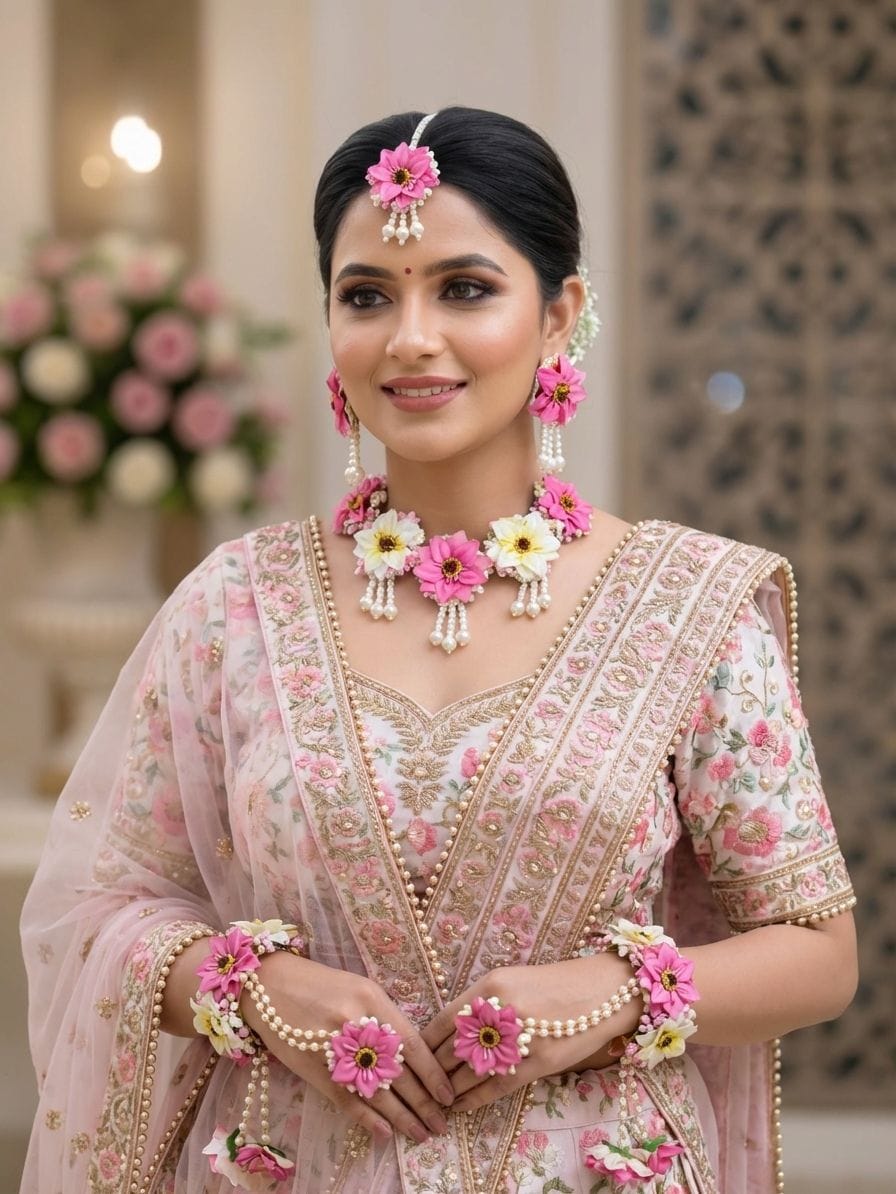Pink-White Artifiial Floral Haldi-Mehndi Bridal Jewellery Set