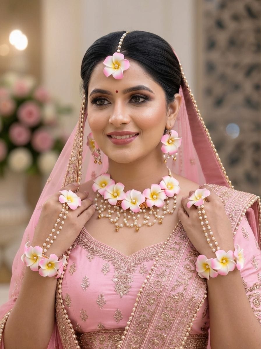Handmade Pink Plumeria Floral Haldi Jewellery Set for Brides