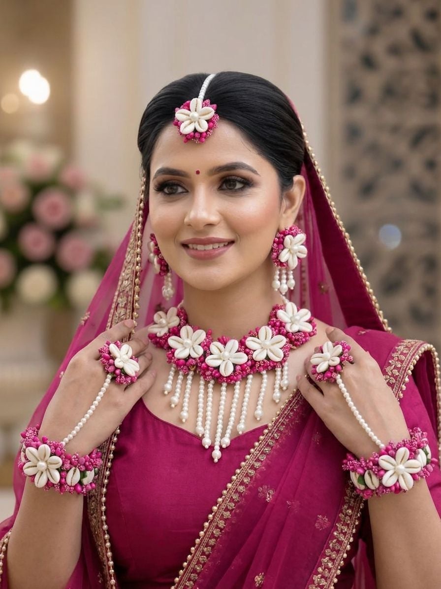 Handmade Magenta Floral Cowrie Shell Haldi Jewellery Set for Brides