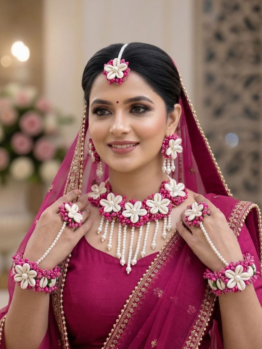 Handmade Magenta Floral Cowrie Shell Haldi Jewellery Set for Brides