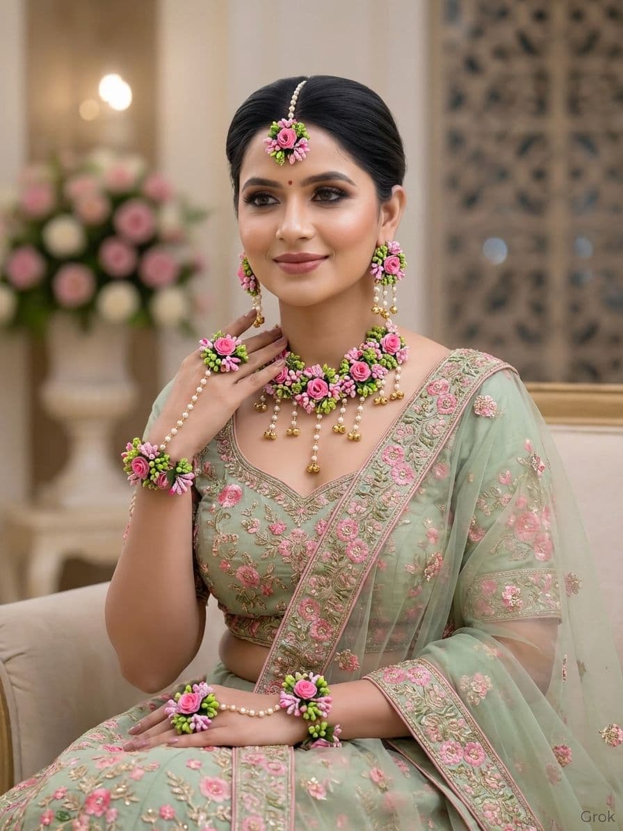 Bridal Bloom: Handmade Flower Jewellery Set for Haldi and Wedding