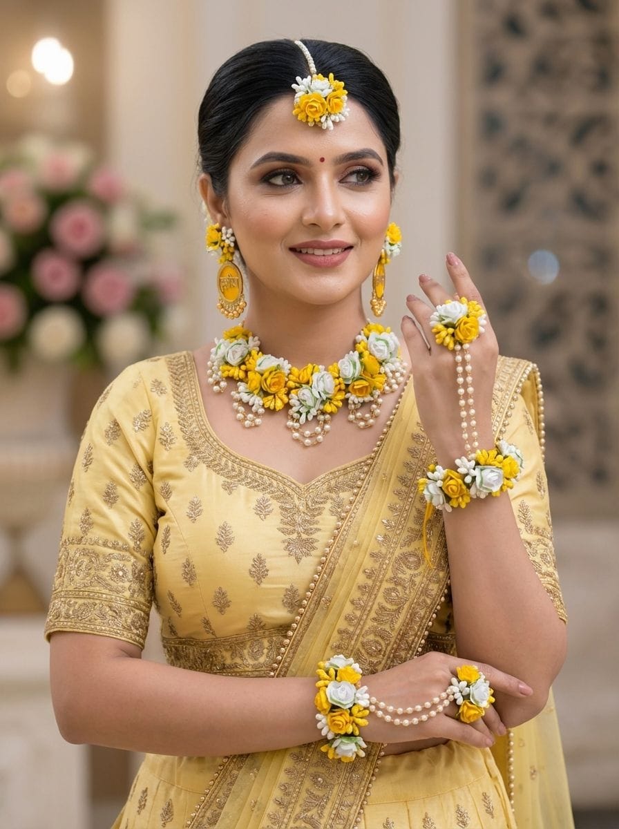 Dulhaniya Charm - Yellow and White Floral Haldi-Mehndi Jewelry Set for Brides