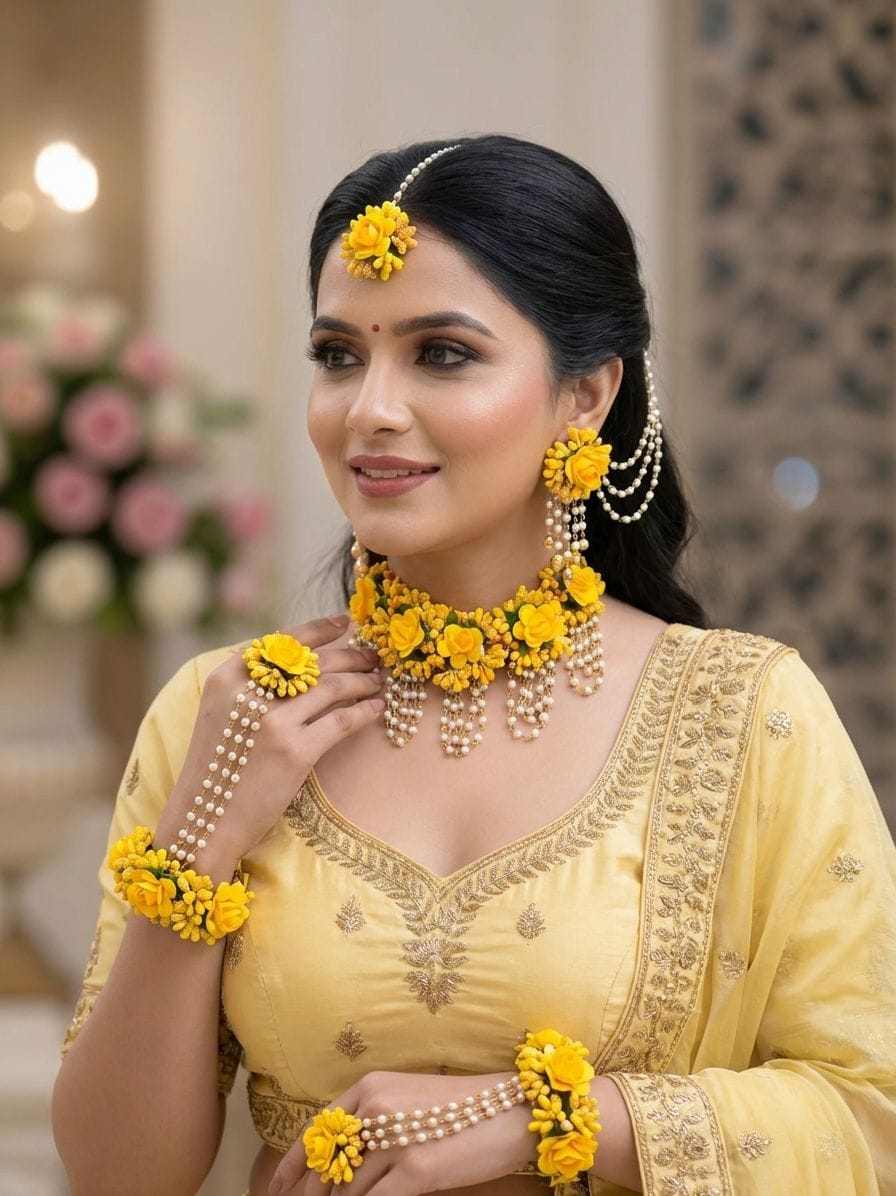 Yellow Floral Beaded Bridal Haldi Mehndi Jewelry Set - Handmade Ethnic Collection