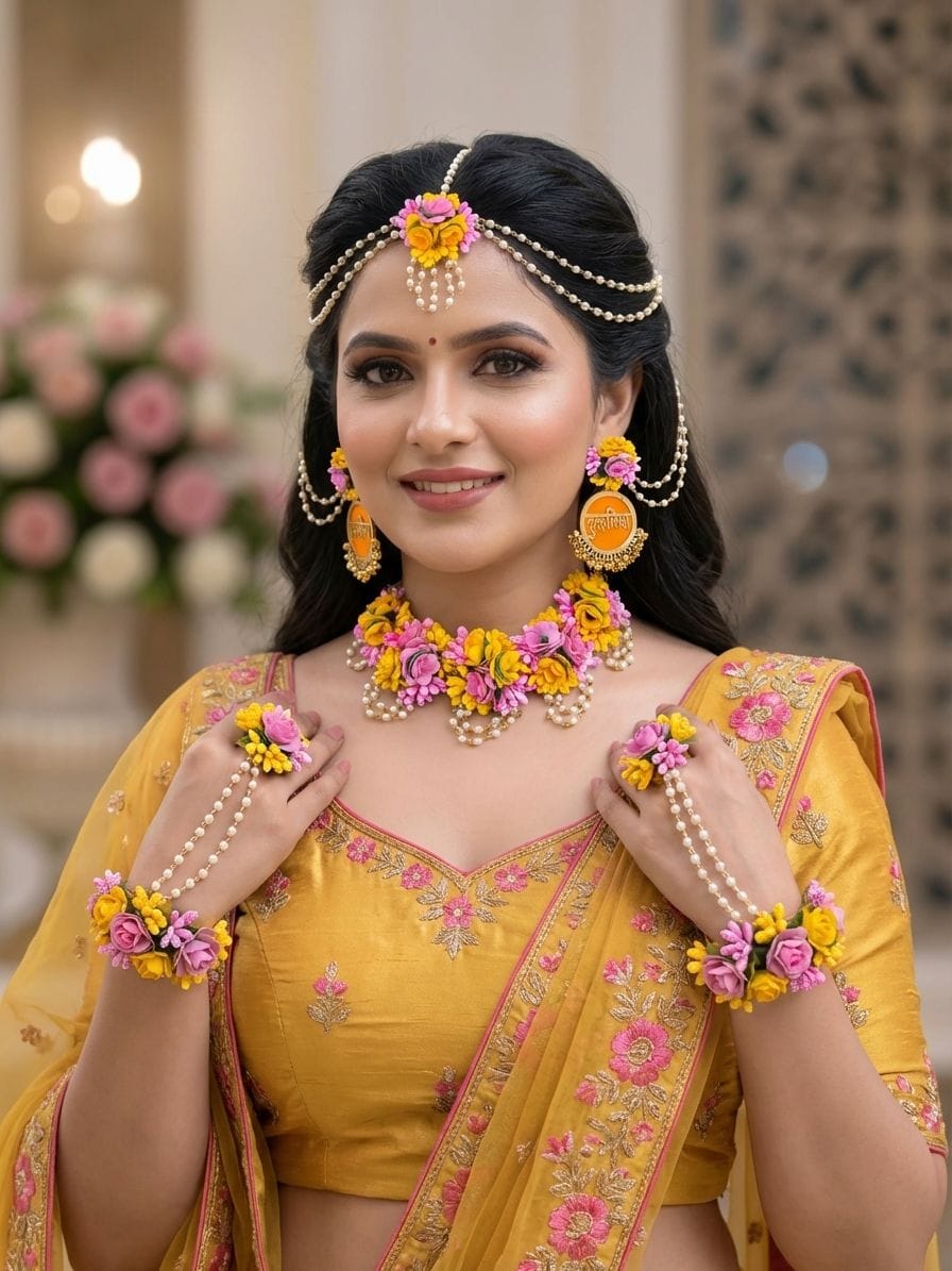 Pink and Yellow Floral Haldi Jewellery Set with Choker, Earrings and Tikka