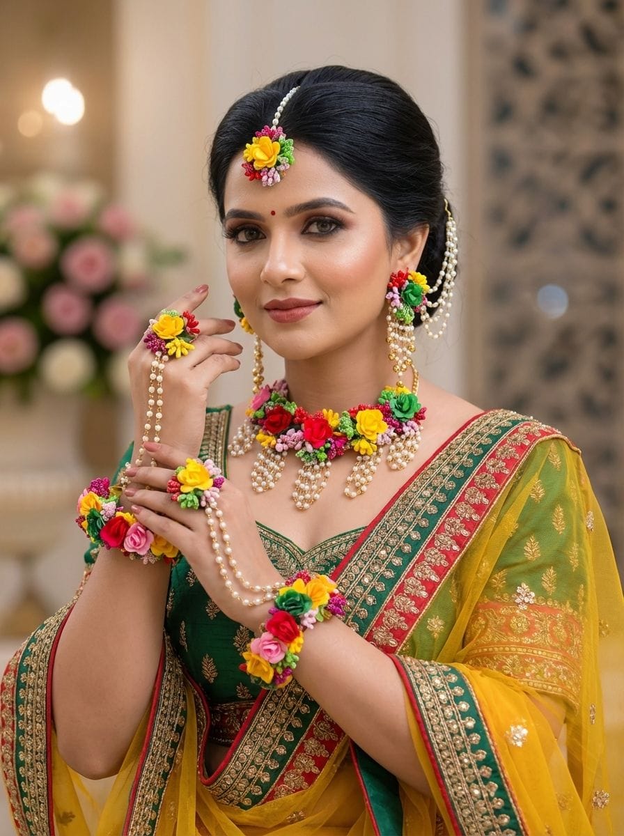 Elegant Multicolored Bridal Floral Haldi-Mehndi Jewellery Set
