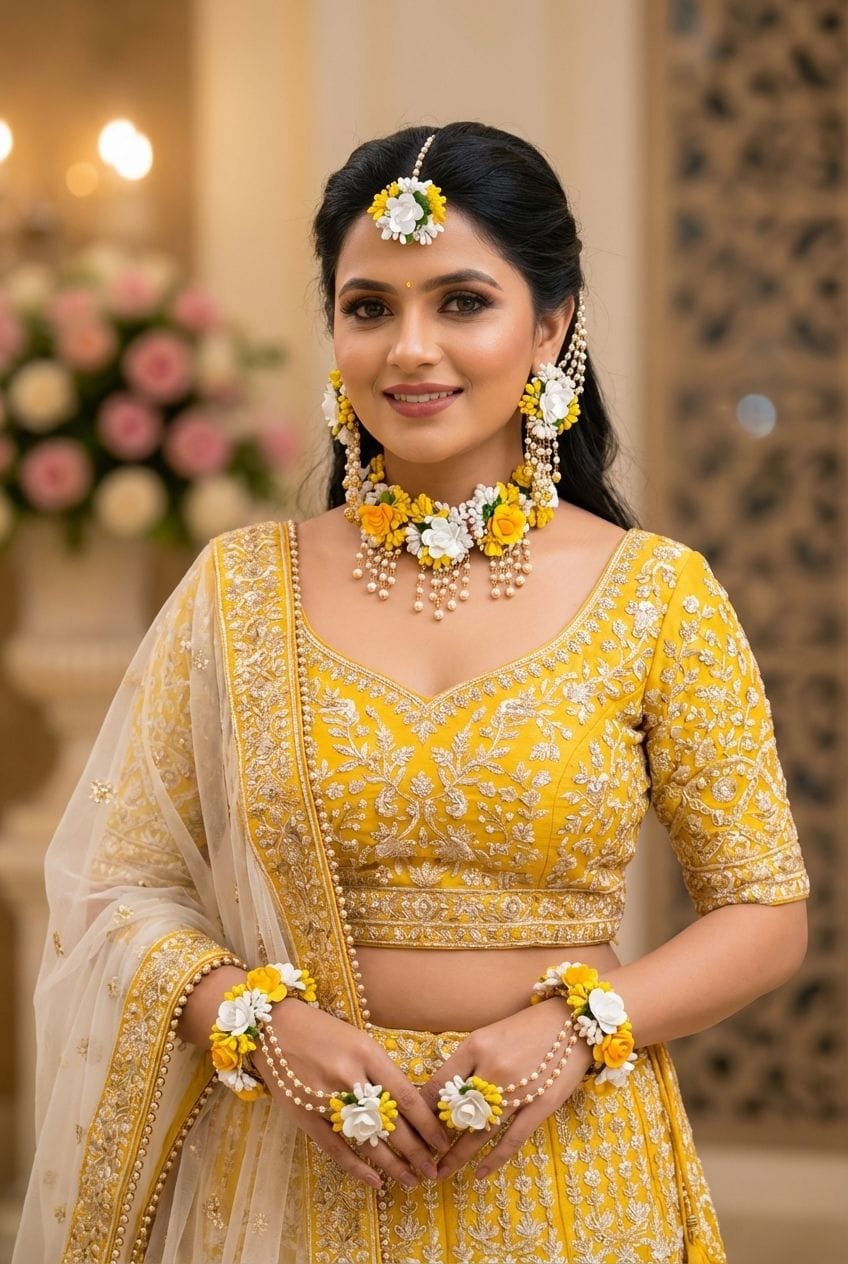 Yellow-White Floral Beaded Pearl Haldi-Mehndi Bridal Jewelry Set
