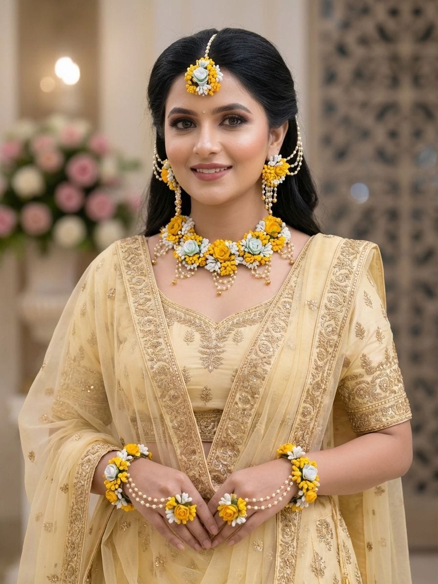 Floral Fiesta Multilayer Haldi Bridal Jewelry Set in Yellow and White