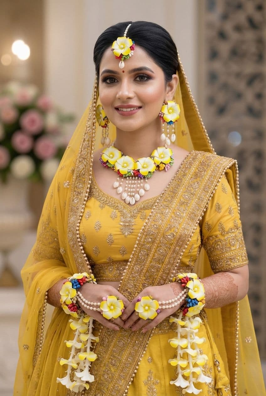 Floral White Kaliras - Handmade Jewelry Set for Haldi & Mehndi