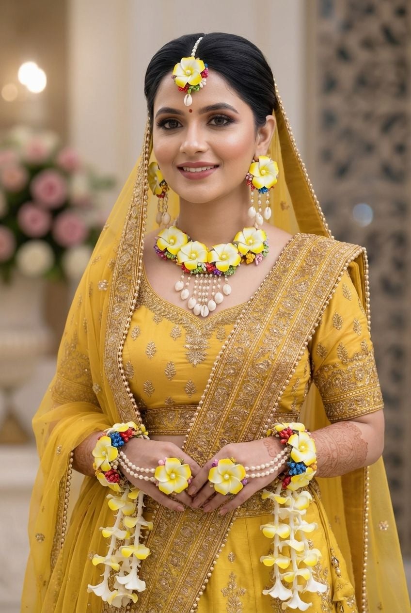 Premium Handmade Yellow Plumeria Haldi Jewellery Set