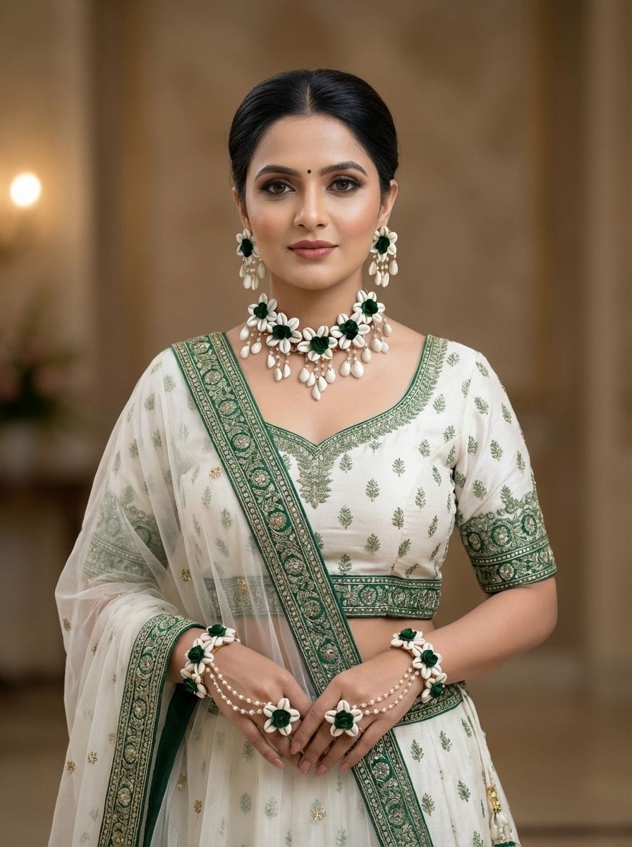 Floral Fiesta Green Sea Shell Jewelry Set for Wedding & Mehndi