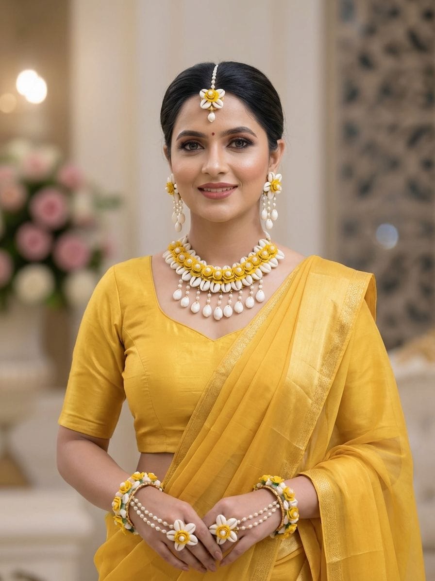 Handmade Yellow Floral Cowrie Shell Haldi Jewellery Set for Brides