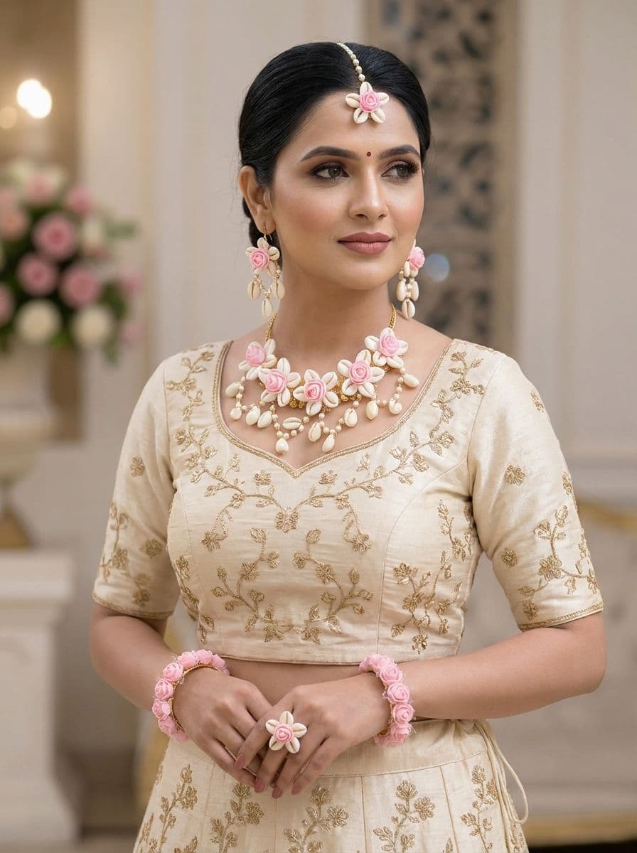 Handmade Pink Floral Cowrie Shell Haldi Jewellery Set for Brides