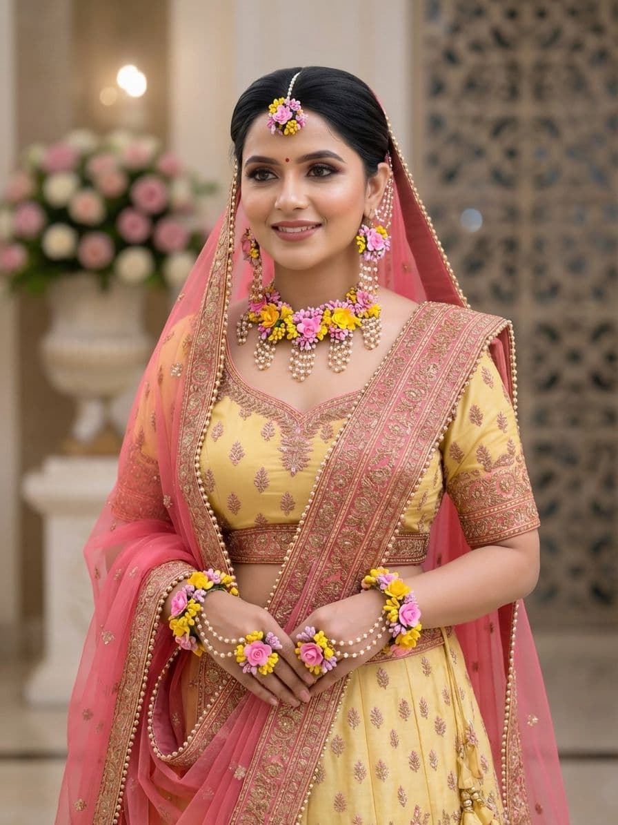 Handmade Pastel Floral Haldi Jewellery Set for Bridal Wear
