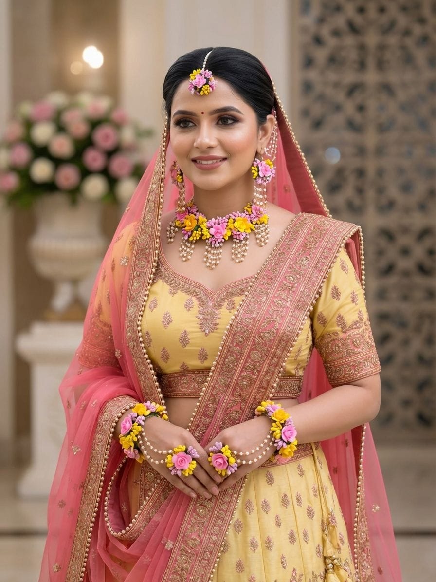 Handmade Pastel Floral Haldi Jewellery Set for Bridal Wear