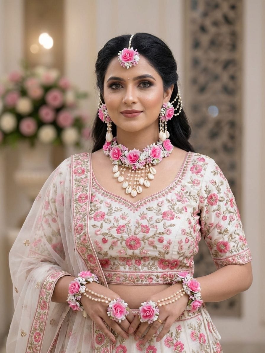 Pink Bloom Splendor: Floral Themed Haldi & Mehndi Bridal Jewellery Set