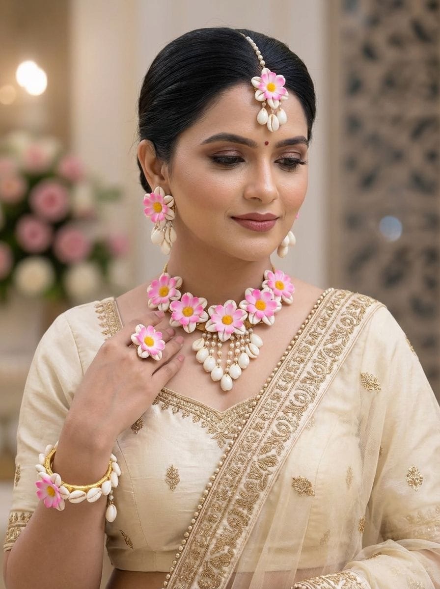 Pink Daisy & Cowrie Shell Bridal Jewellery Set