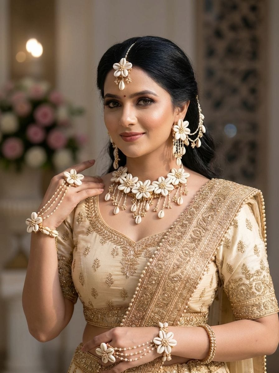 Chic Cowrie Shell Floral Jewelry Set for Haldi & Mehndi
