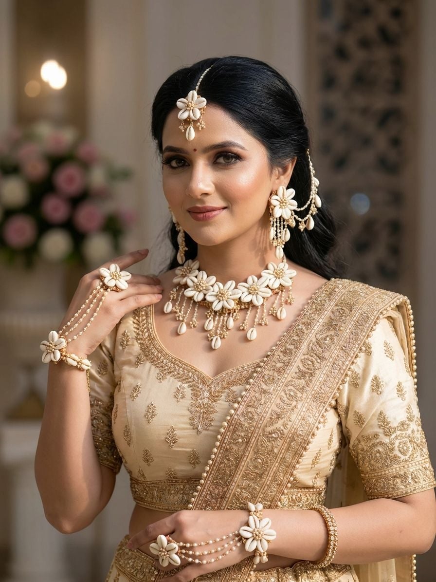 Chic Cowrie Shell Floral Jewelry Set for Haldi & Mehndi