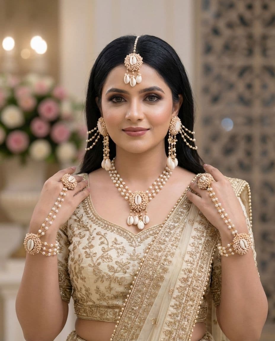 Nature White Cowrie Shell Jewelry Set for Haldi-Mehndi Festival