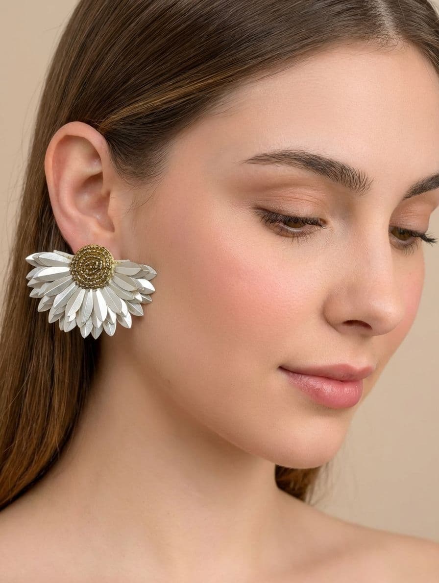 Beaded Handmade Metallic Half-Flower Bridal Earrings for Haldi Fest
