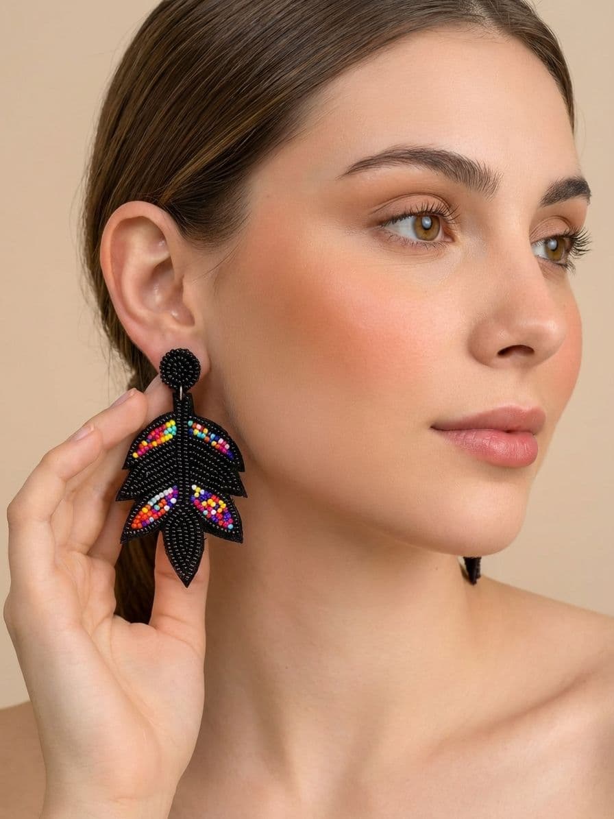 Black Beaded Leaf Earrings for Girls