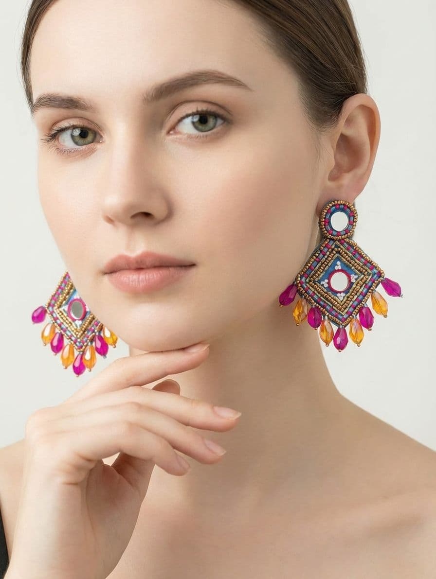 Handmade Pink-Peach Beaded Dangler Earrings for Women