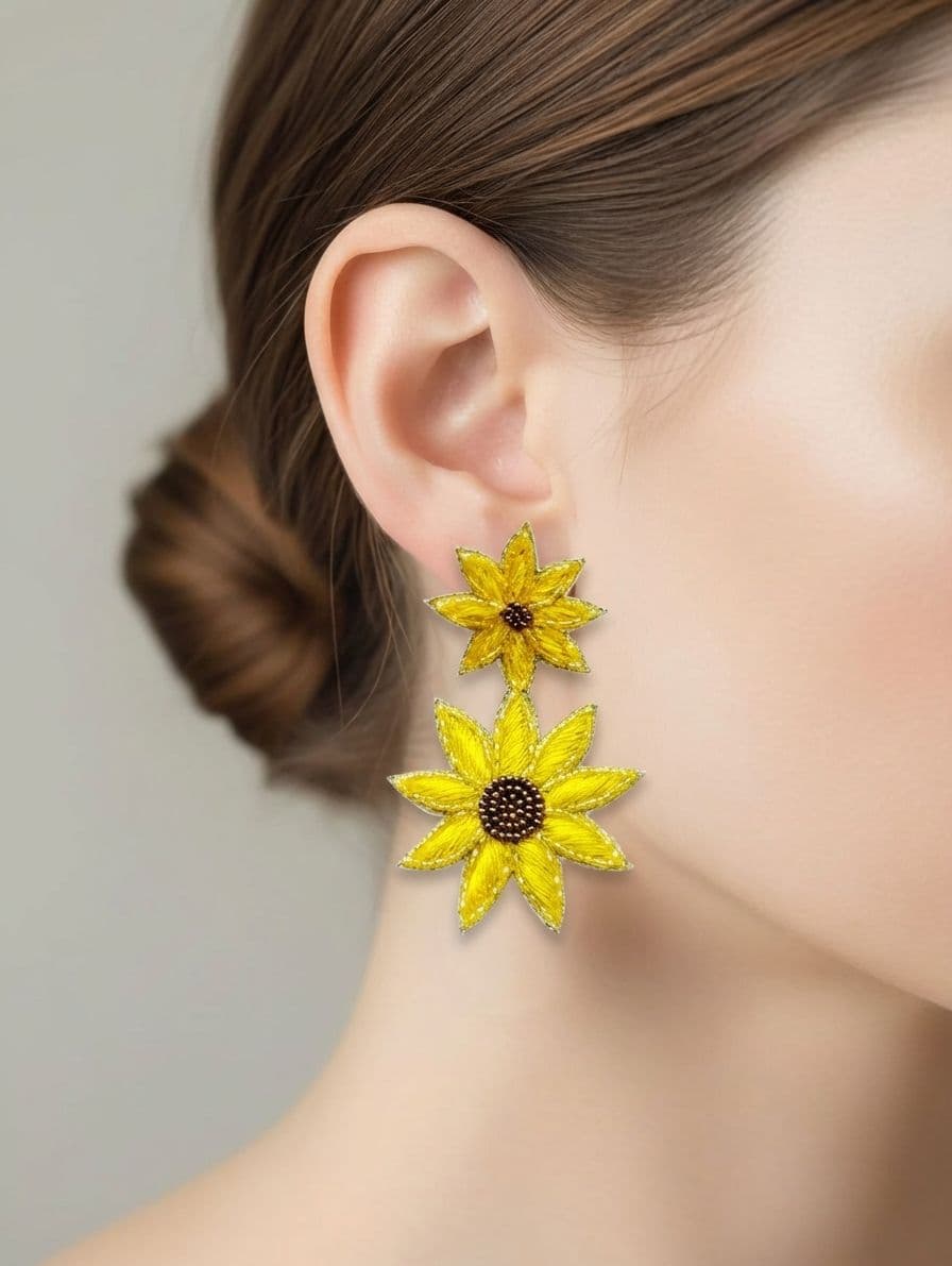 Yellow Sunflower Party Wear Beaded Earrings for Women & Girls