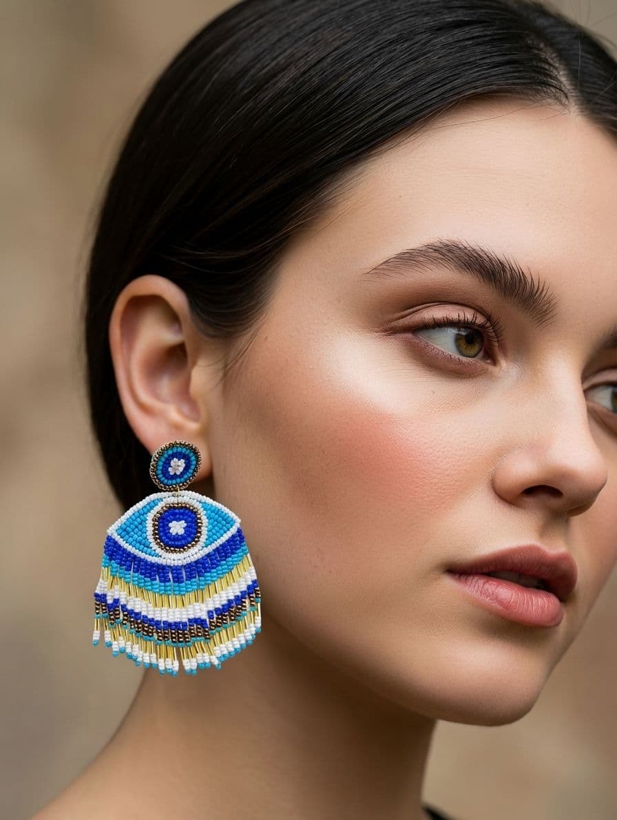 Blue-White Beaded Evil Eye Earrings for Women