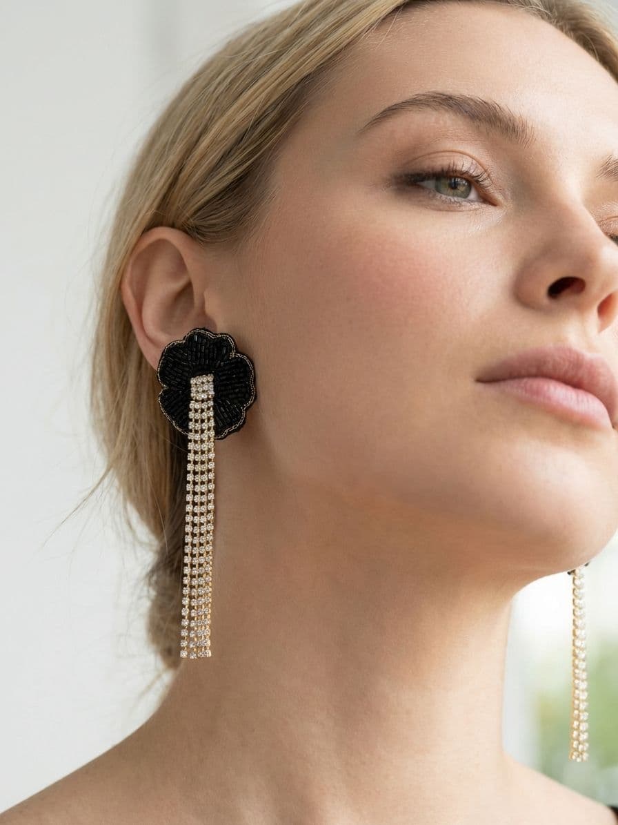 Black Beaded Long Tassel Drop Earrings