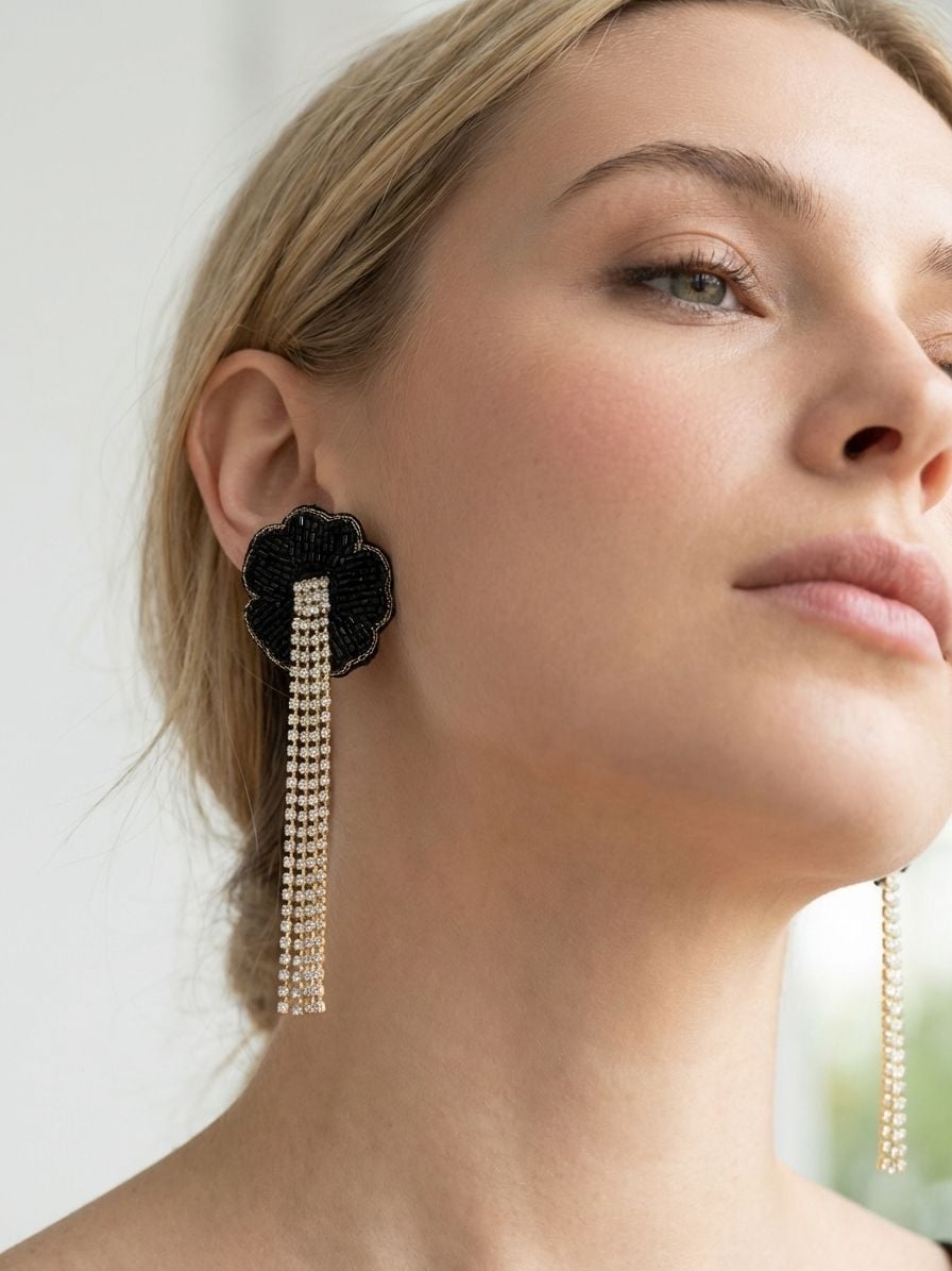Black Beaded Long Tassel Drop Earrings