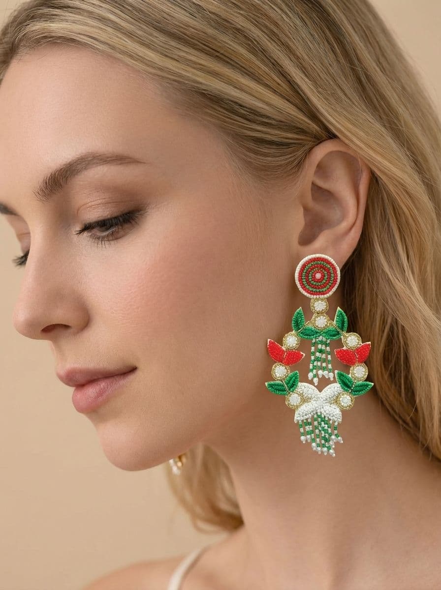 Red-Green Handmade Multicolor Beaded Party Earrings for Women & Girls